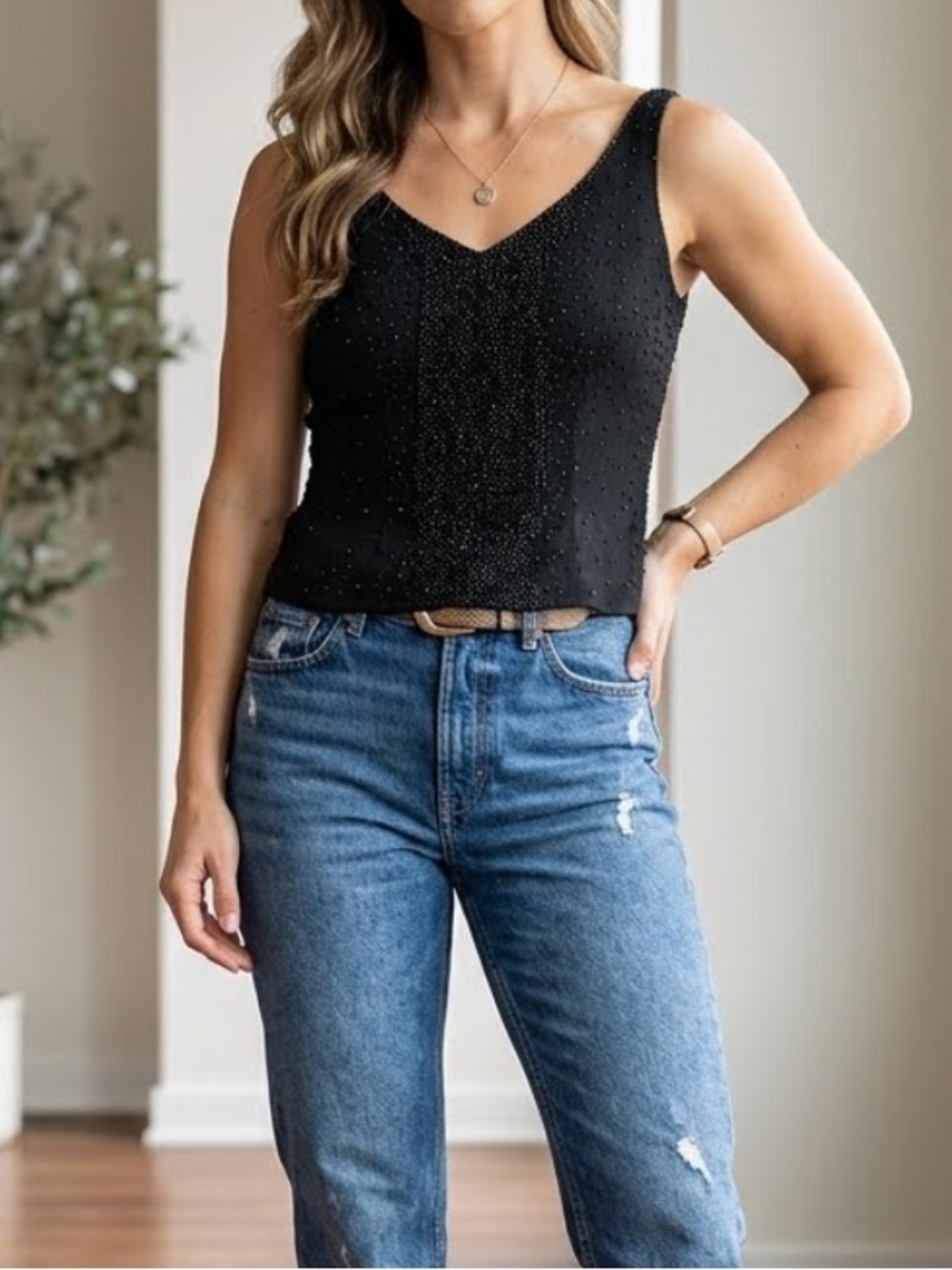 JKARA New York Y2K Beaded Sleeveless Formal Cropped Top Large NWOT